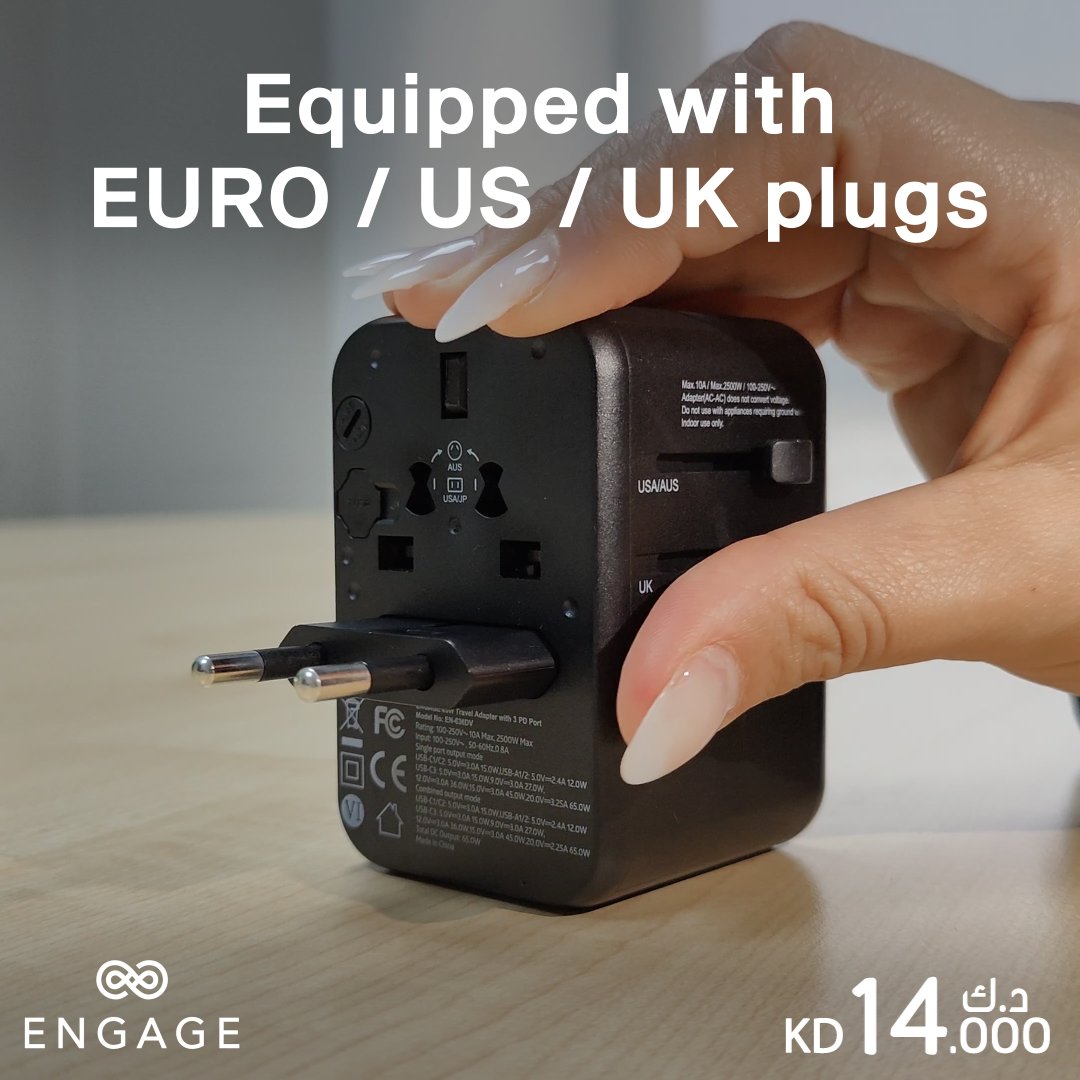 Engage 65W Universal Travel Charger/Adapter With 3PD Port-7Y1K