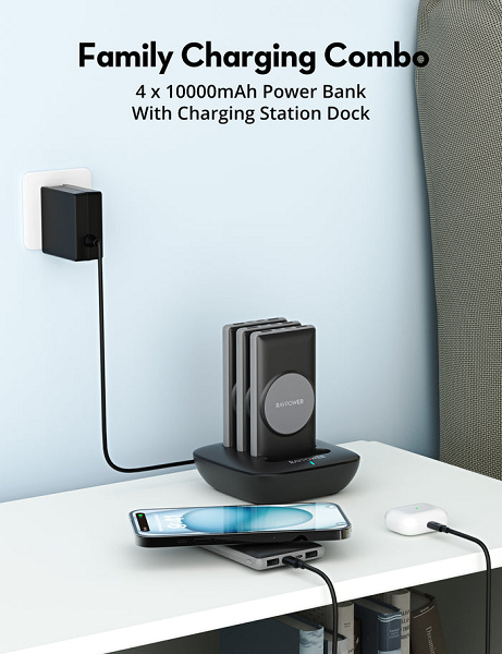 Ravpower Family Charging Combo 10000mAh 4 In 1 Wireless Power Bank Station - Black