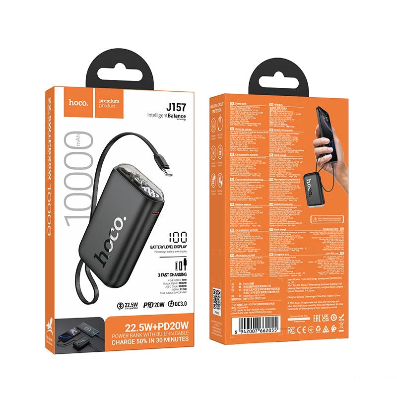 Hoco J157 Leader 22.5W+Pd20W 10000Mah Power Bank With Cable - Black