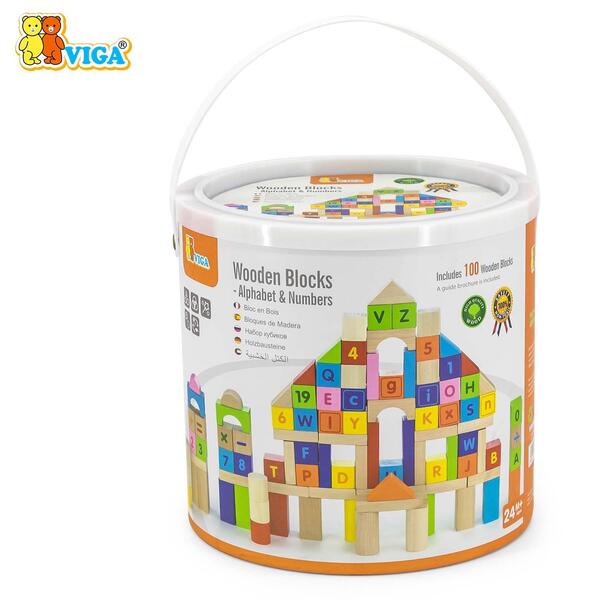 Viga Wooden Building Blocks 100 Pcs - Alphabet & Numbers