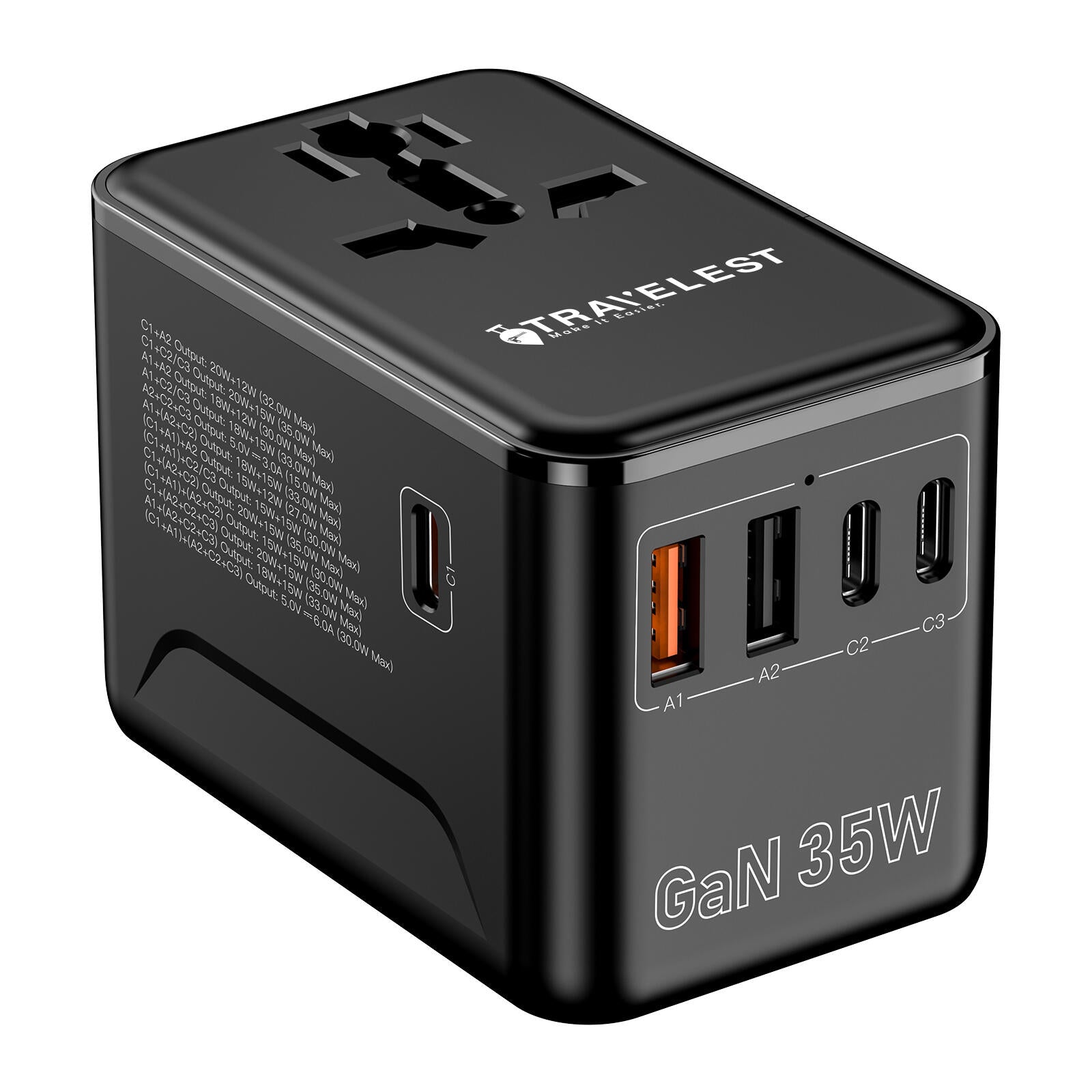 GaN 35W Travel Adapter 3 Type-C and 2 USB-A with AC 2500W with Resettable Fuse Works with 220+ Countries