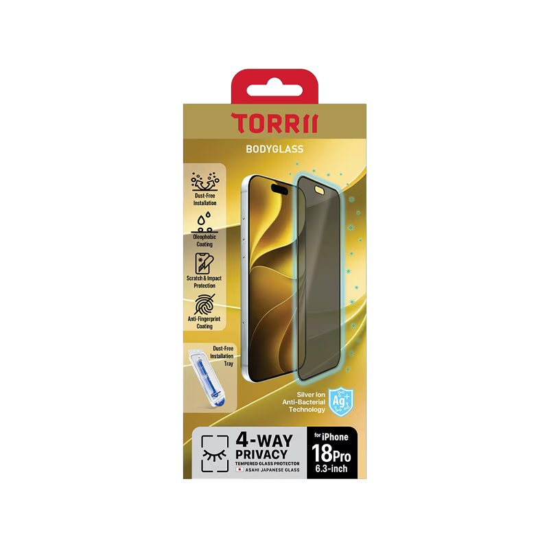 Torrii Bodyglass Screen Protector For Iphone 18 Pro (6.3”) Anti-Bacterial – 4-Way Privacy (4895264801250)