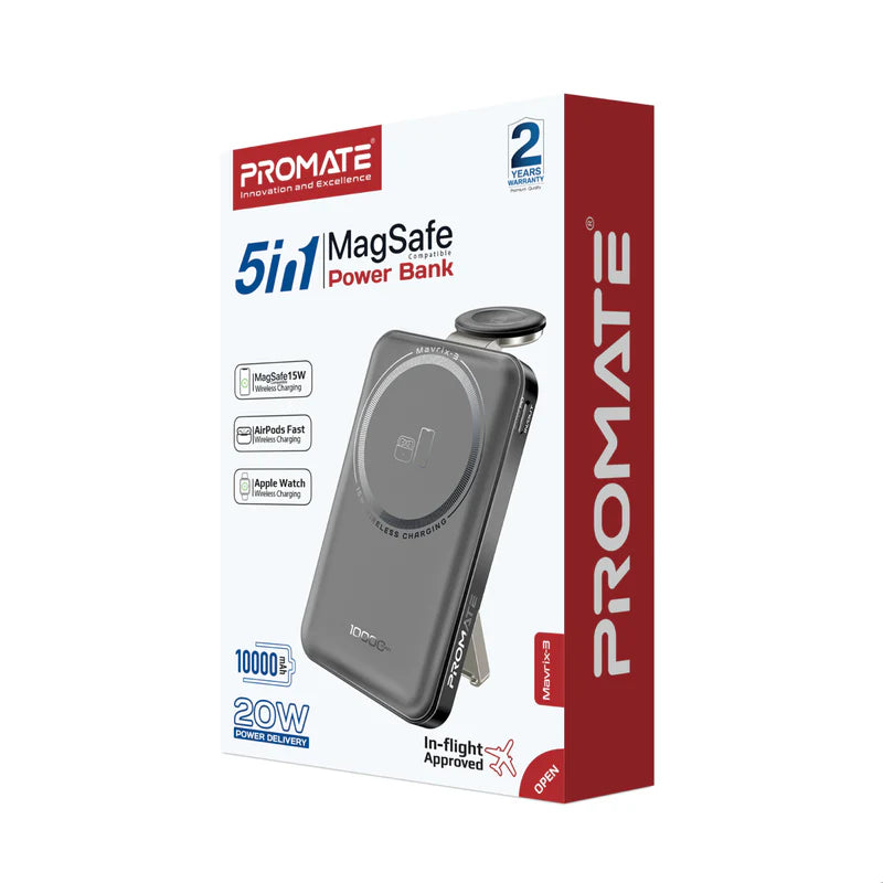 Promate Mavrix-3 10000mAh Ultra-Compact 3 in 1 Magsafe-Charging Power Bank
