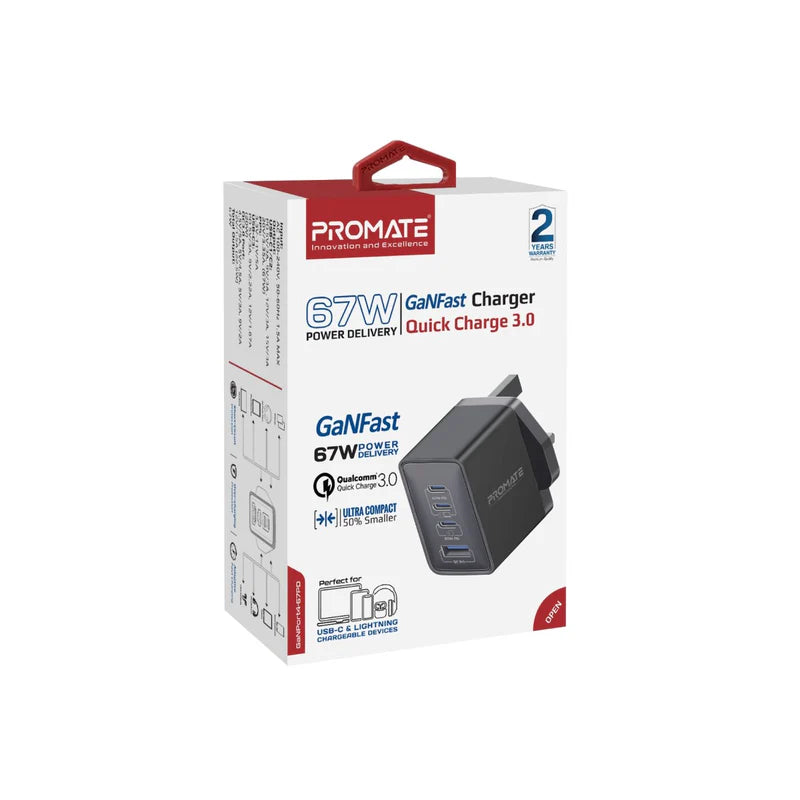 Promate 67W Power Delivery GaNFast™ Charger with Quick Charge 3.0