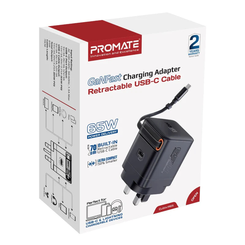 Promate 65W Power Delivery GanFast™ Charging Adapter with Retractable USB-C Cable