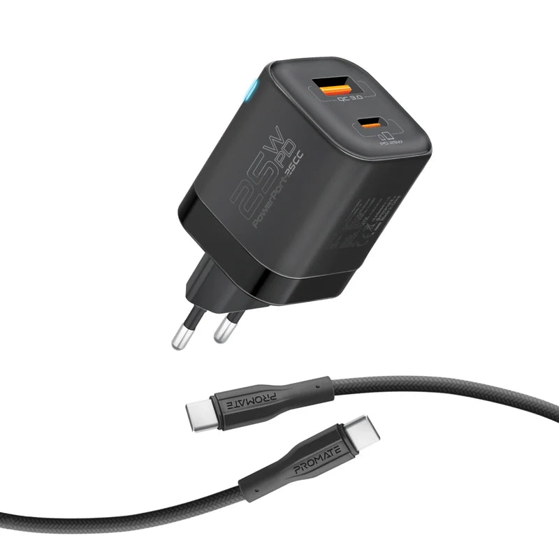 PROMATE 25W توصيل الطاقة المزدوج محول المنفذ مع كابل USB-C 60W