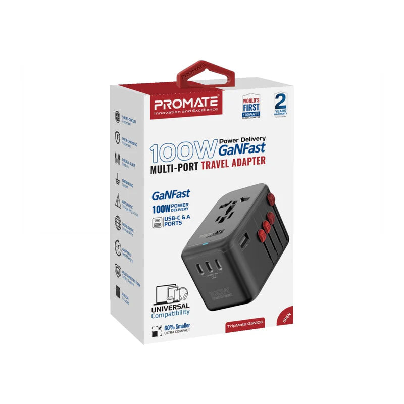 Promate GaNFast™ Travel Adapter with 100W Power Delivery with Multiple Ports