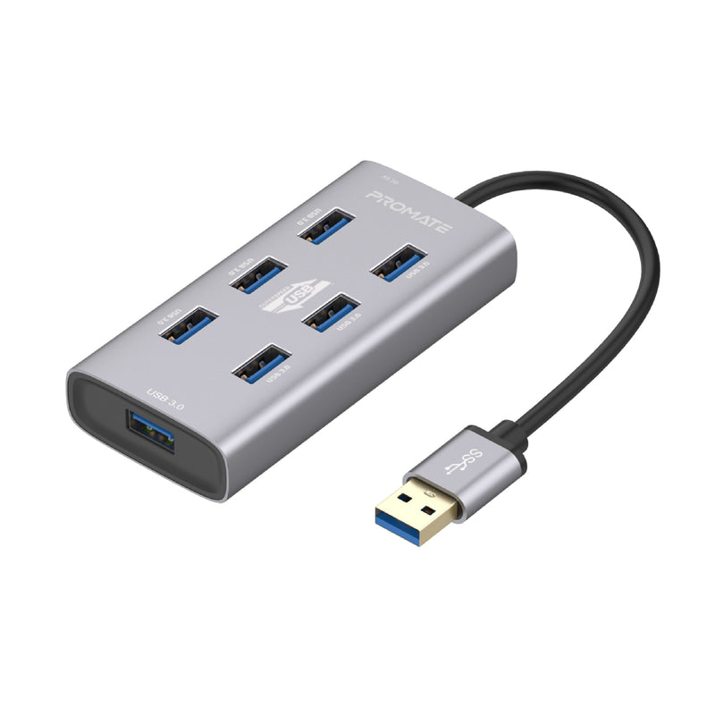 Promate ezHub-7 Aluminium Alloy USB Hub with 7 Ports & USB-C Adapter - Grey - TJRX30H