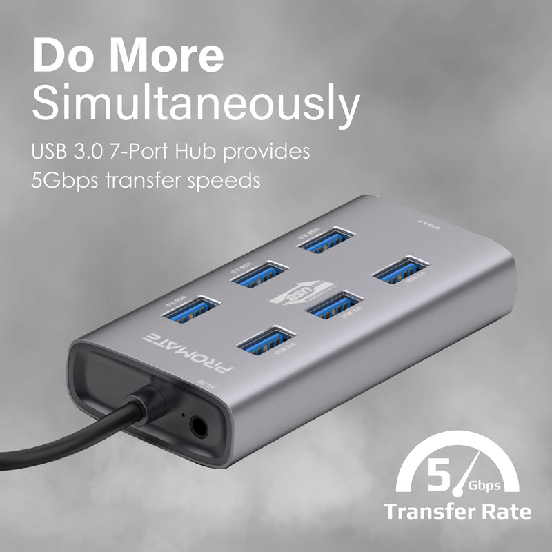 Promate ezHub-7 Aluminium Alloy USB Hub with 7 Ports & USB-C Adapter - Grey - TJRX30H