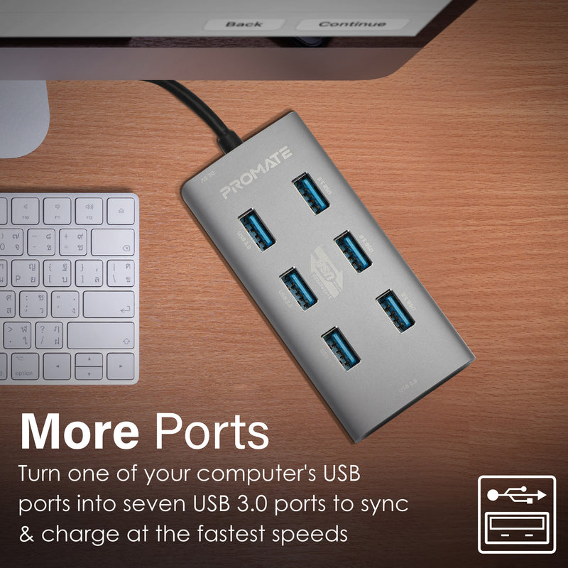 Promate ezHub-7 Aluminium Alloy USB Hub with 7 Ports & USB-C Adapter - Grey - TJRX30H