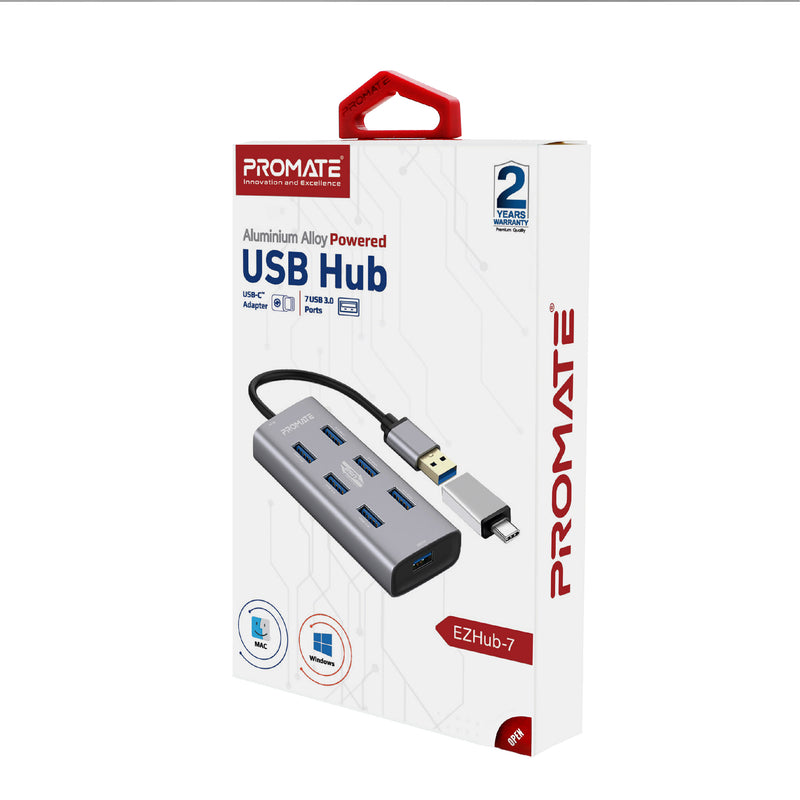 Promate ezHub-7 Aluminium Alloy USB Hub with 7 Ports & USB-C Adapter - Grey - TJRX30H