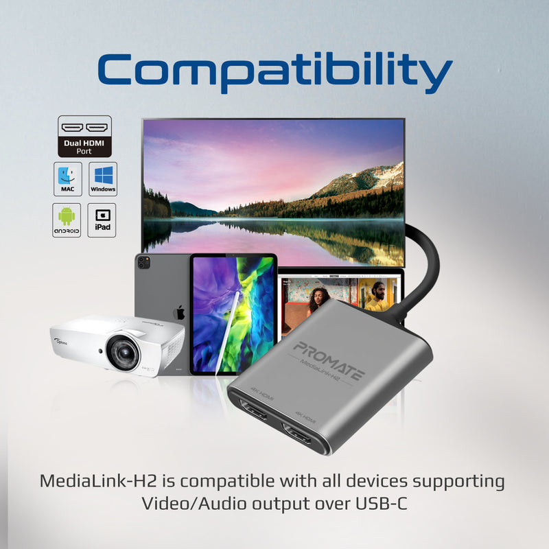 Promate MediaLink-H2 4K USB-C to Dual HDMI Adapter - Silver - TJR2G7M