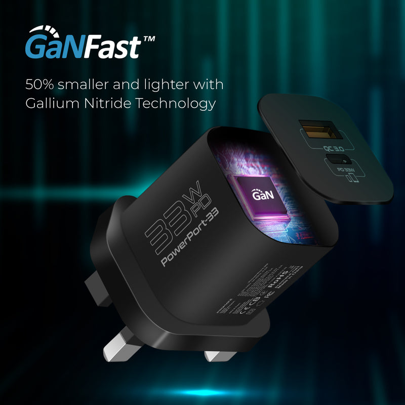 Promate PowerPort-33 33W GaNFast™ Charging Adapter - Black - TJRZDWT