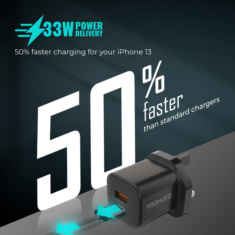 Promate PowerPort-33 33W GaNFast™ Charging Adapter - Black - TJRZDWT