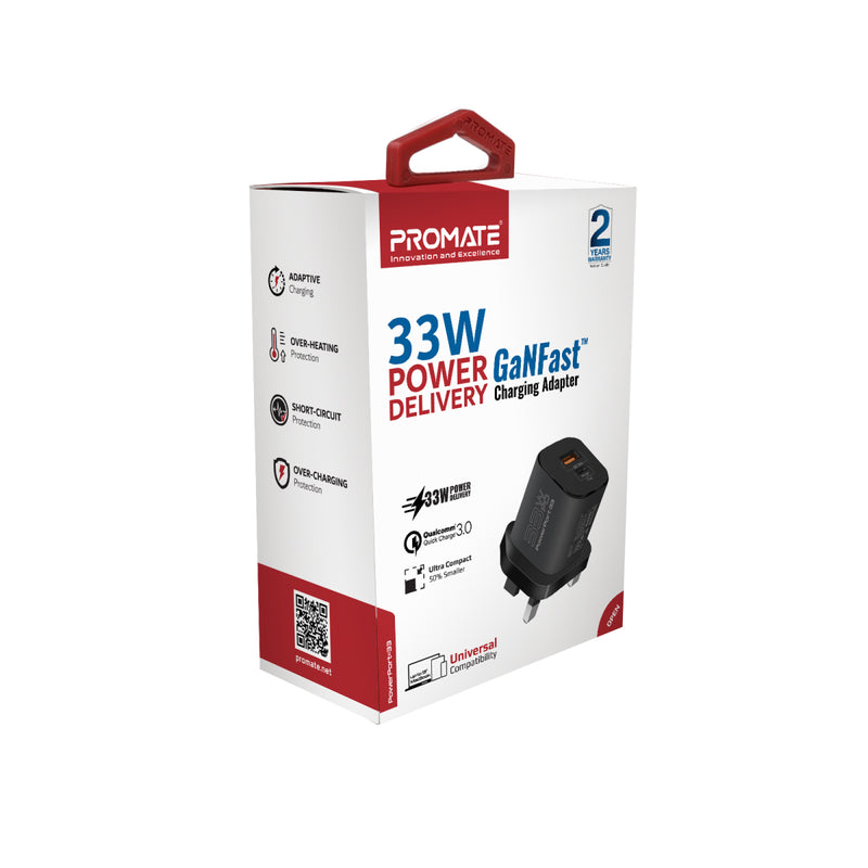 Promate PowerPort-33 33W GaNFast™ Charging Adapter - Black - TJRZDWT