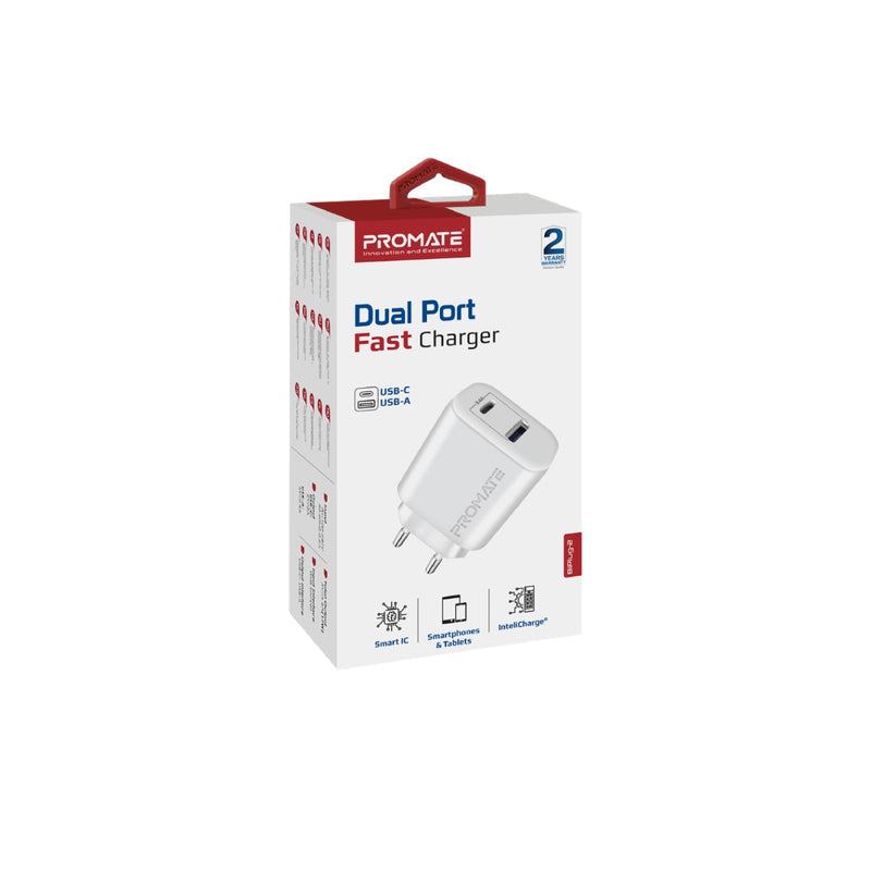 Promate BiPlug-2 17W High-Speed Dual Port Charger - White - TJRMGXF