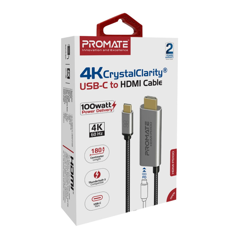 Promate HDMI-PD100 4K CrystalClarity USB-C to HDMI Cable - Silver - TJR7W6K