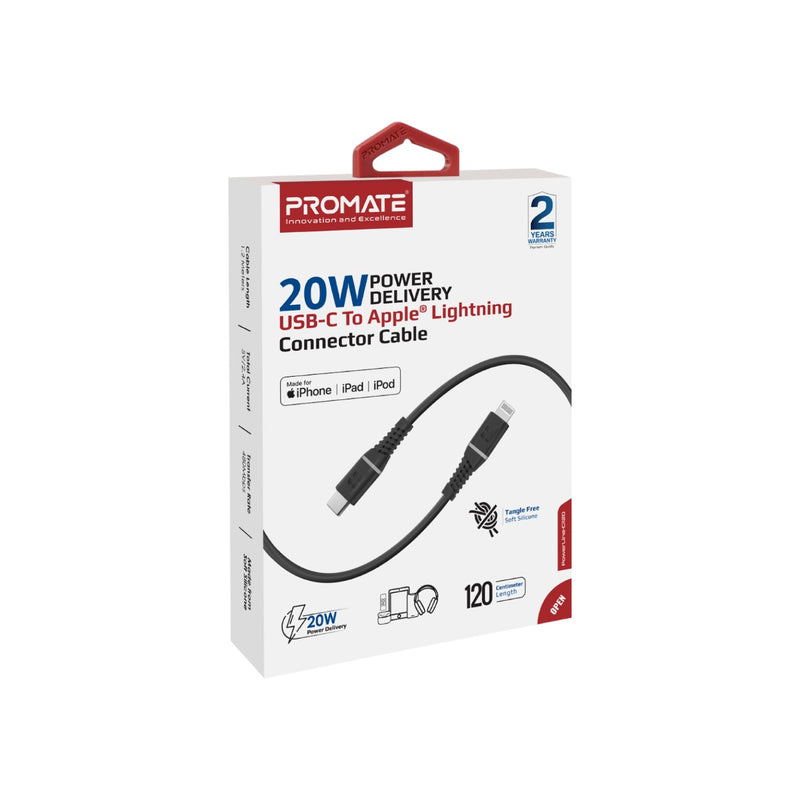 PROMATE Powerline -CI120 20W USB -C إلى كابل موصل البرق - الأسود - TJRR07D