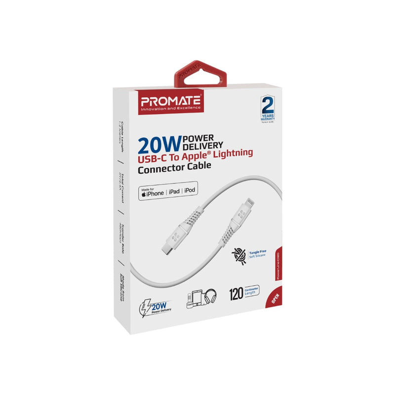 Promate PowerLine-Ci120 20W USB-C to Lightning Connector Cable - White - TJR59XJ