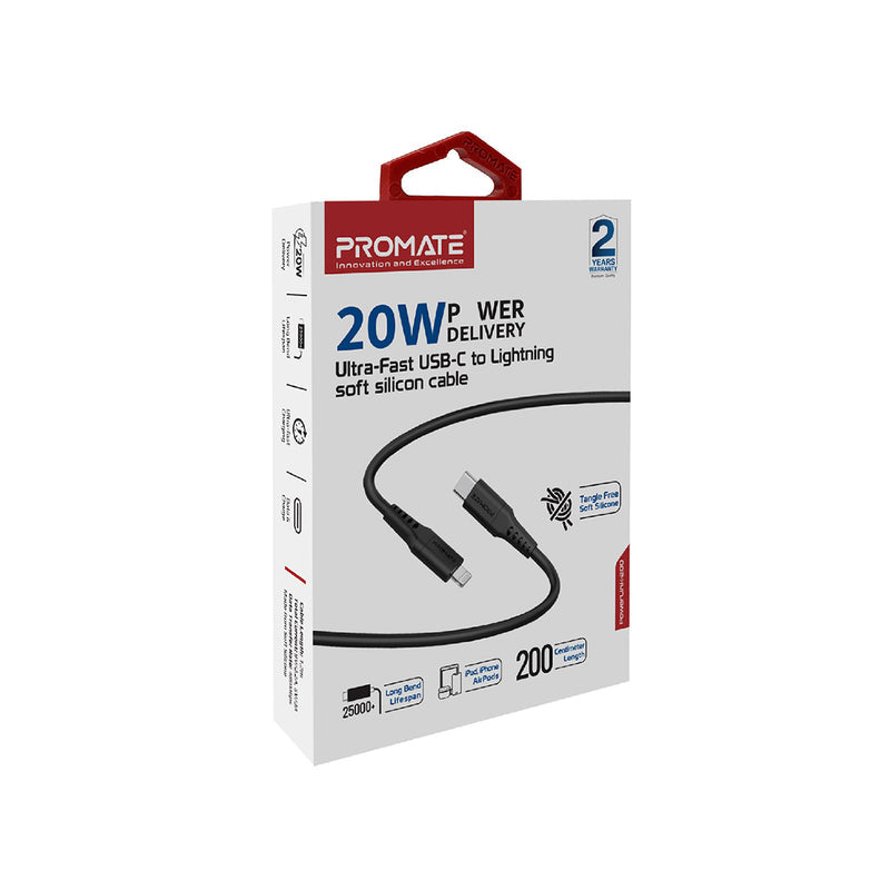 Promate PowerLink-200 20W Fast Charging Lightning Cable - Black - TJRAVOI