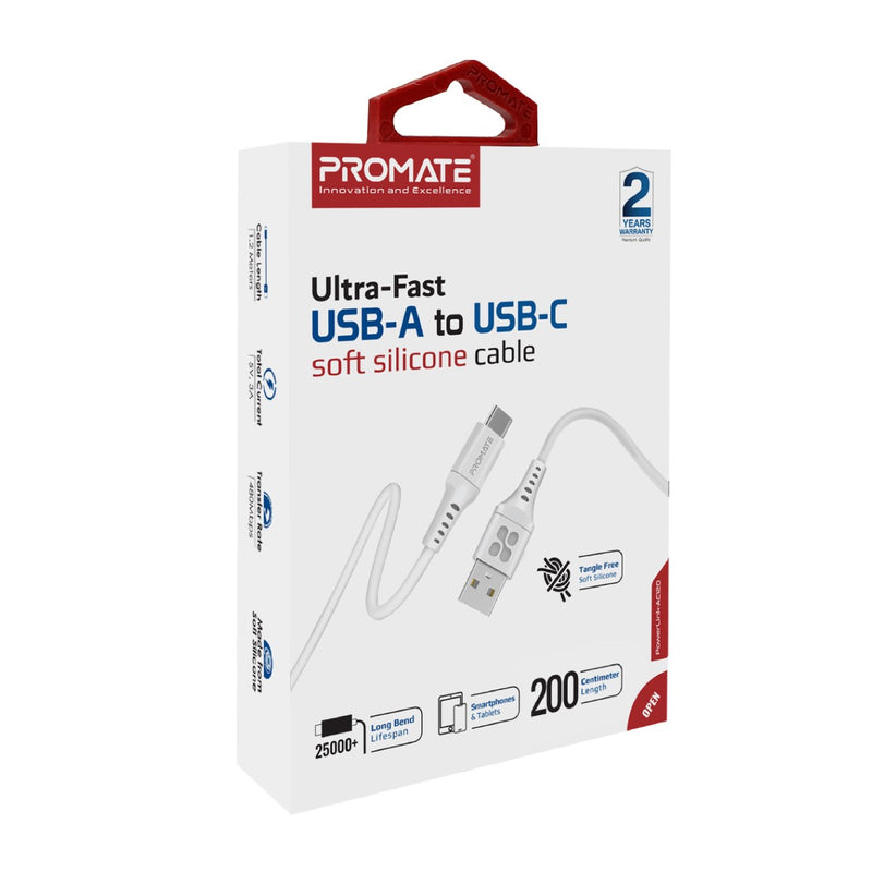 Promate PowerLink-AC200 Ultra-Fast USB-A to USB-C Cable - White - TJR86NX