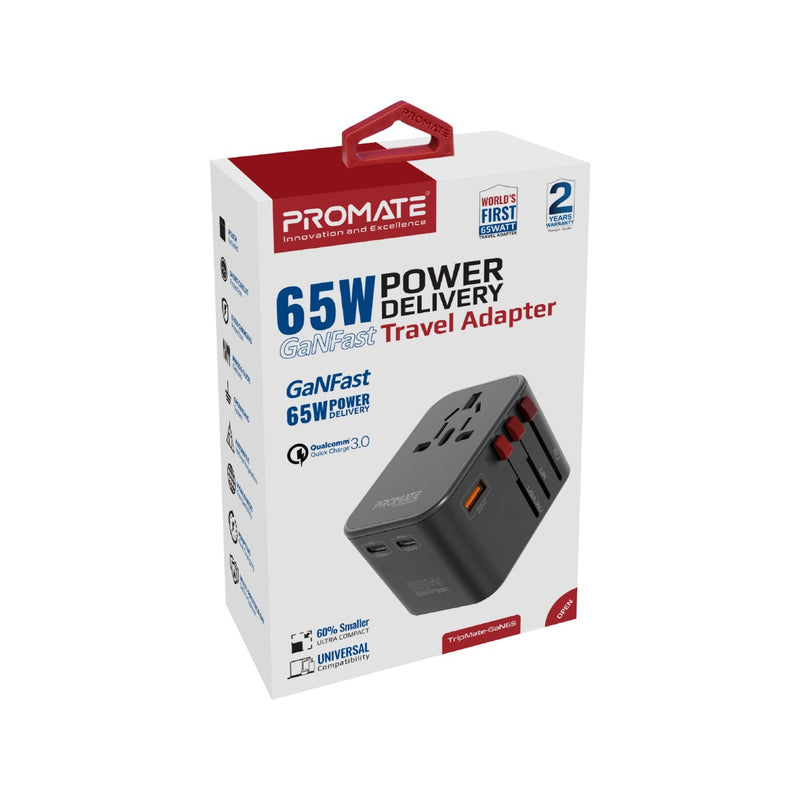 Promate TripMate-GaN65 65W GaNFast™ Travel Adapter - Black - TJR98H6