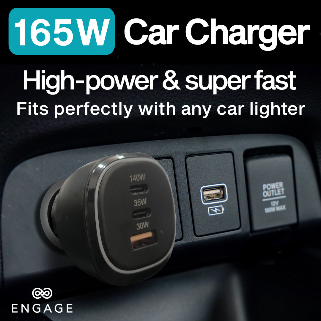 Engage 3 Port PD USB-C 165W Car Charger Black-TUR0