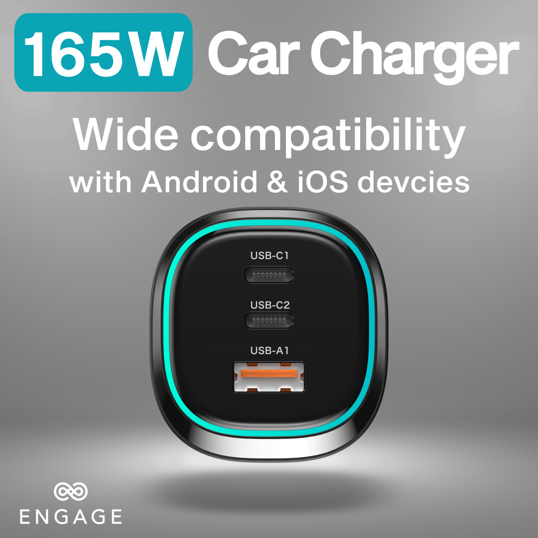 Engage 3 Port PD USB-C 165W Car Charger Black-TUR0