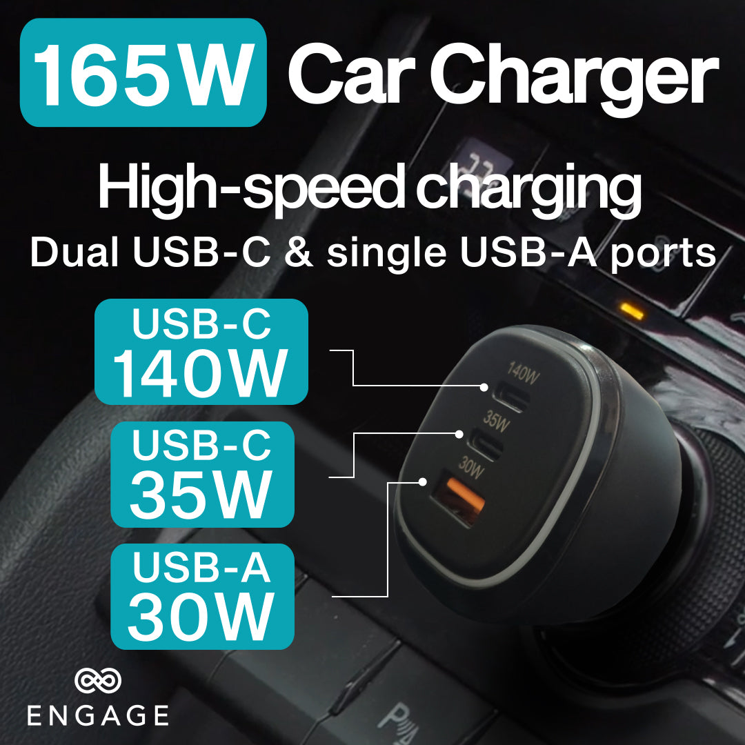 Engage 3 Port PD USB-C 165W Car Charger Black-TUR0
