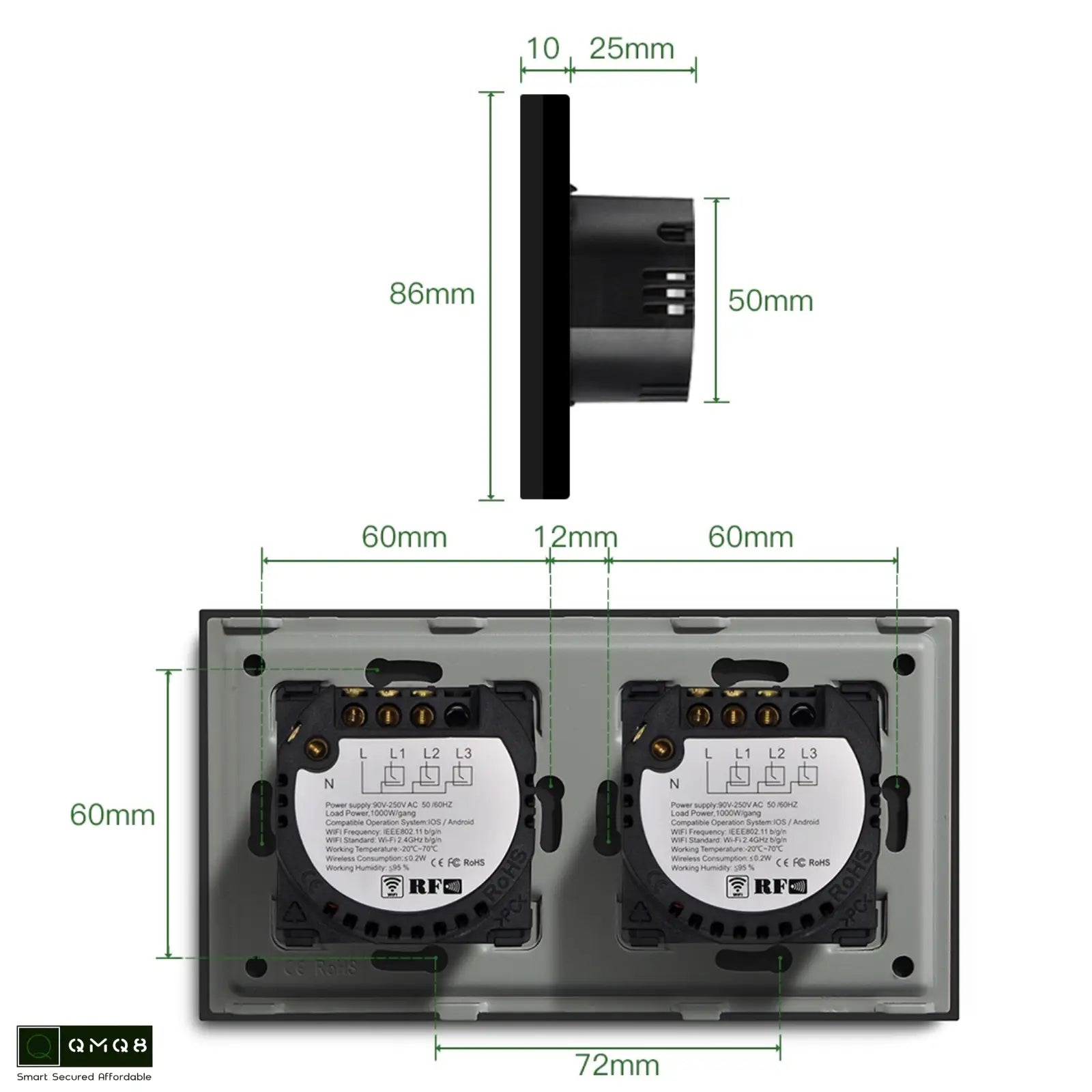 مفتاح لمس ذكي WiFi 4 Gang مقاس 147mm*86mm بقدرة 600W - أسود 