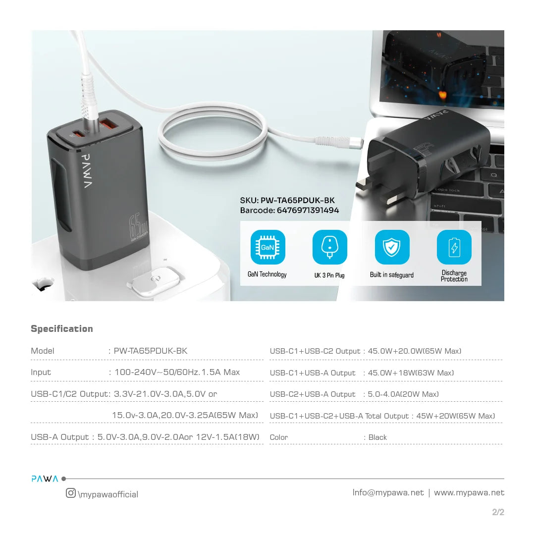 Pawa solid charger PD+QC Port 65W GaN.