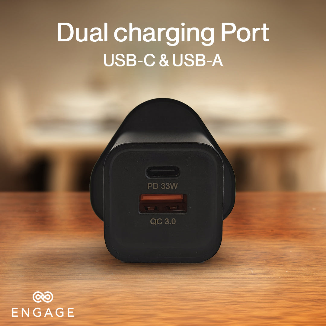 Engage Dual Port Quick Charger Power Charger/Adapter 33W PD Black-2UFW