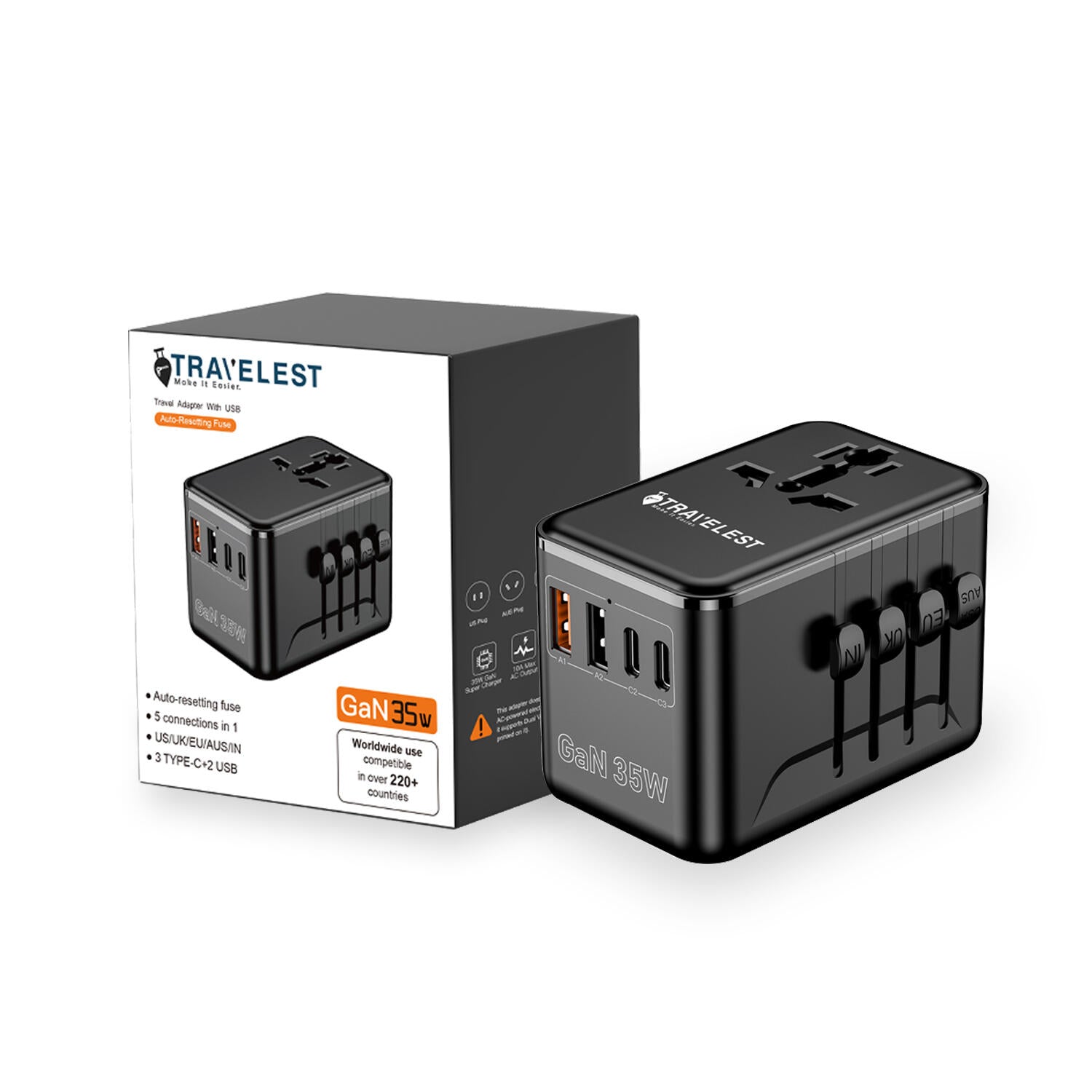 GaN 35W Travel Adapter 3 Type-C and 2 USB-A with AC 2500W with Resettable Fuse Works with 220+ Countries