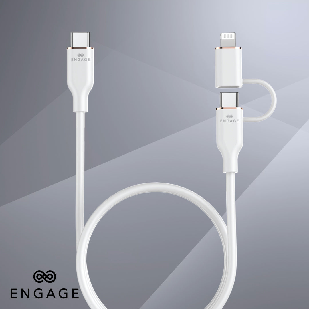 Engage Super Soft Silicone USB-C To USB-C Cable With Lightning Adapter (White)