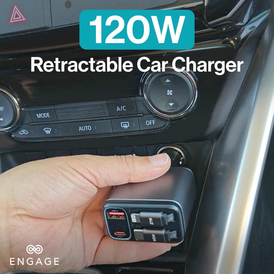 Engage 120W 4In1 Car Charger W/Retractable Cables (USB-C/Lightning) & USB Ports