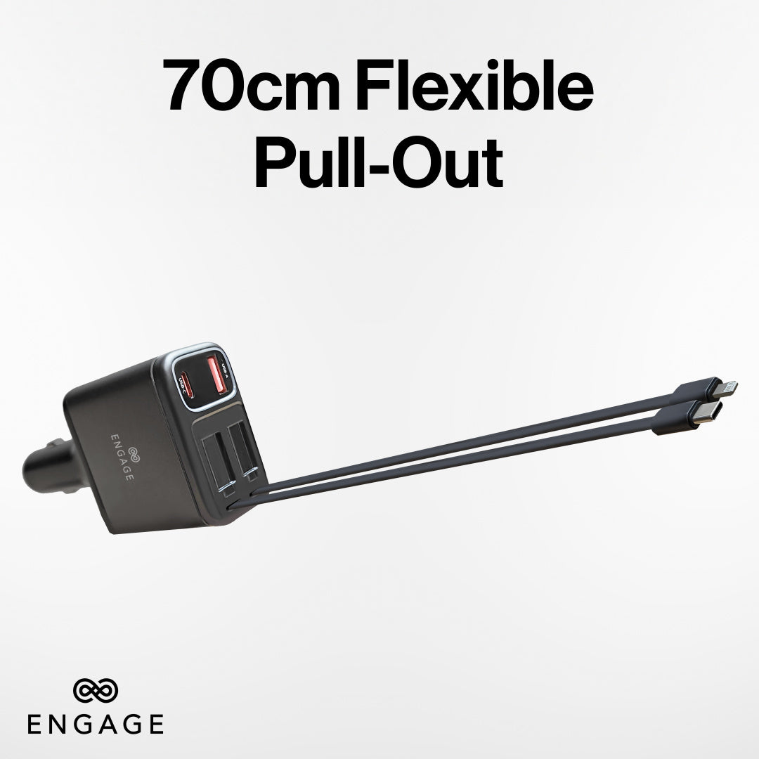 إشراك شاحن سيارة 120W 4in1 مع الكابلات القابلة للسحب (USB-C/Lightning) ومنافذ USB