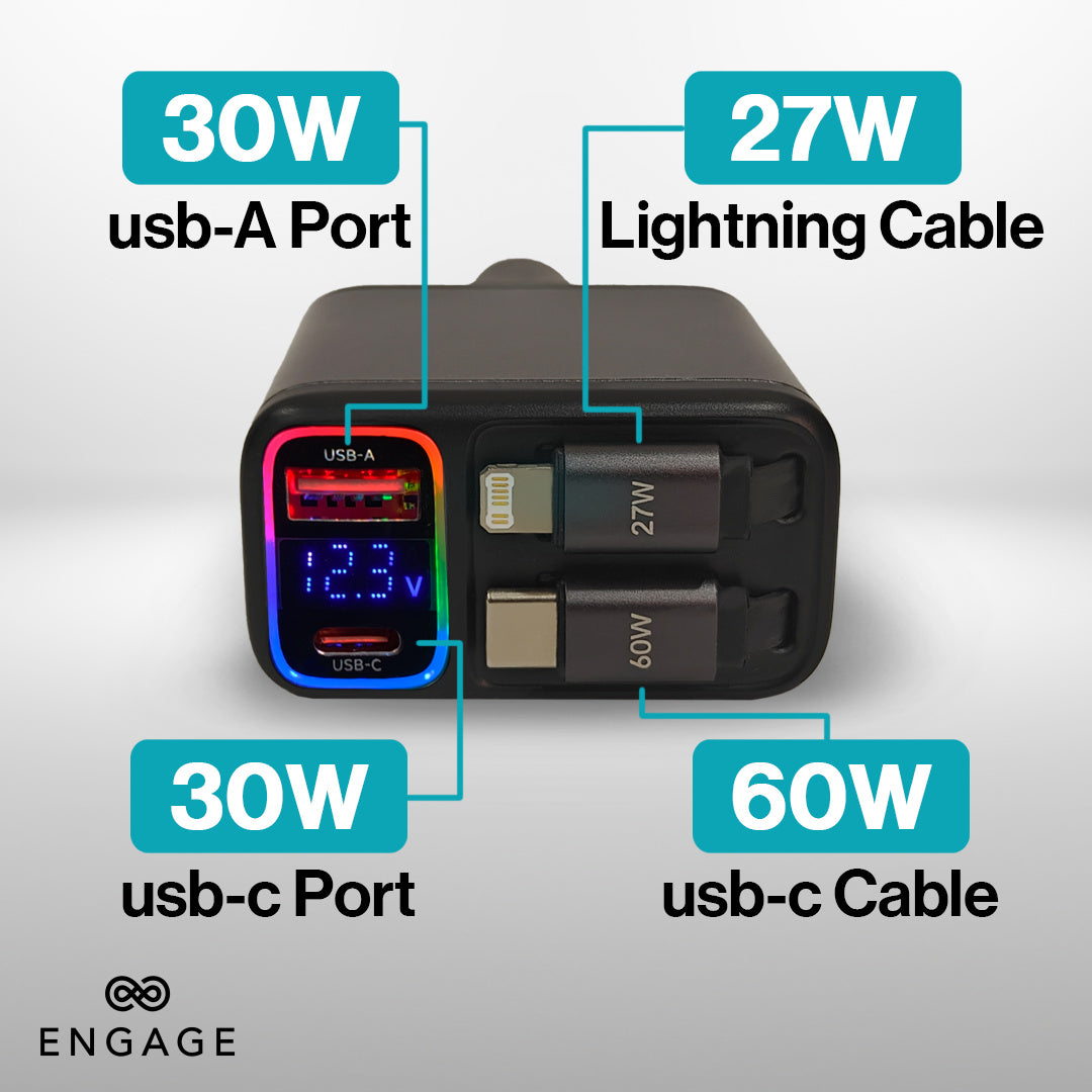 Engage 120W 4In1 Car Charger W/Retractable Cables (USB-C/Lightning) & USB Ports