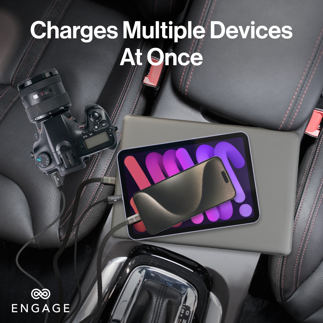 Engage 120W 4In1 Car Charger W/Retractable Cables (USB-C/Lightning) & USB Ports