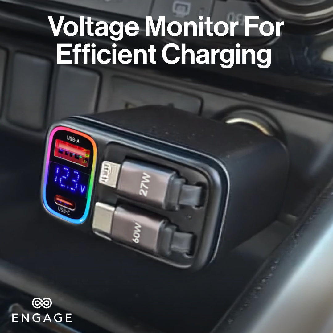 إشراك شاحن سيارة 120W 4in1 مع الكابلات القابلة للسحب (USB-C/Lightning) ومنافذ USB