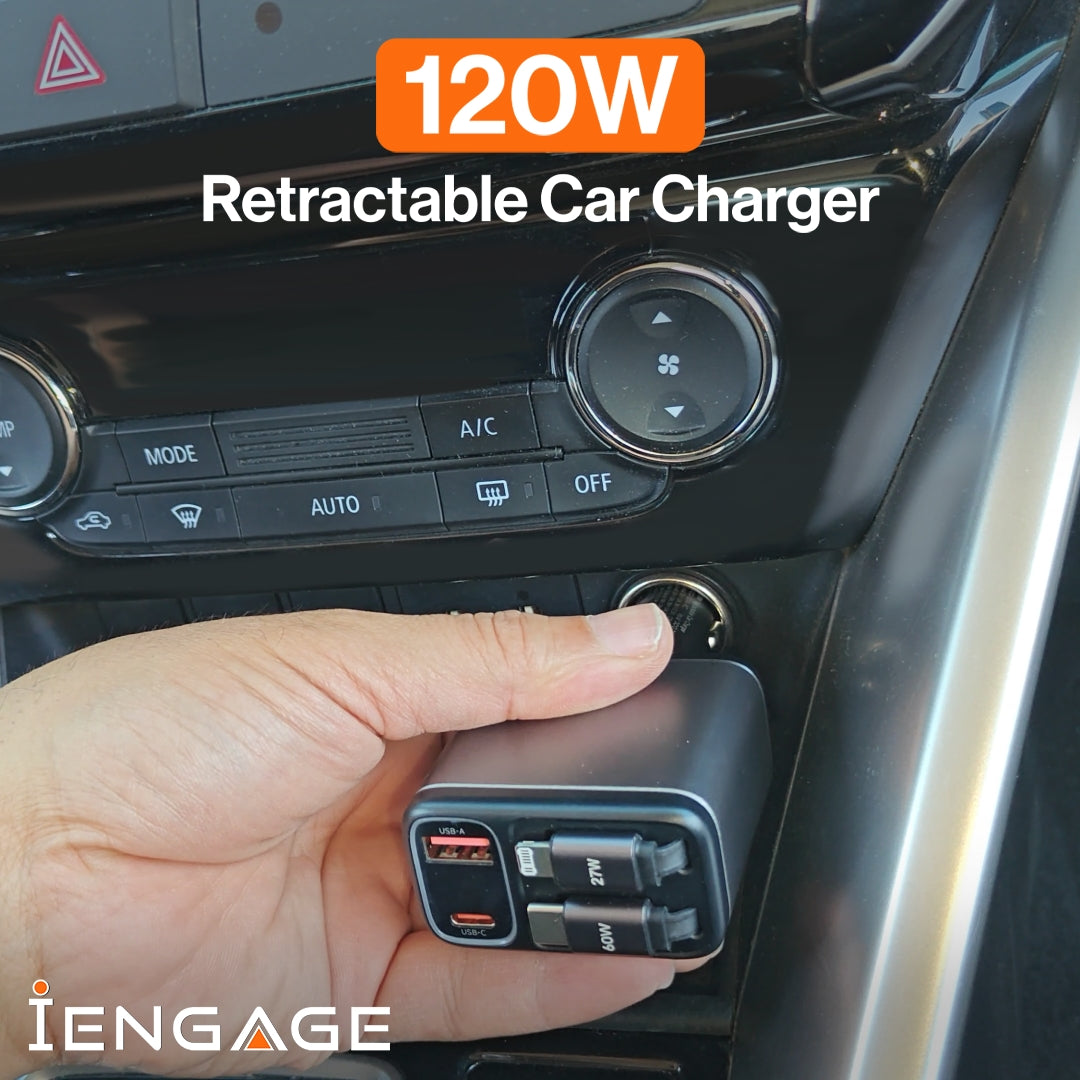 iEngage 120W 4In1 Car Charger With Retractable Cables (Usb-C/Lightning) & Usb Ports