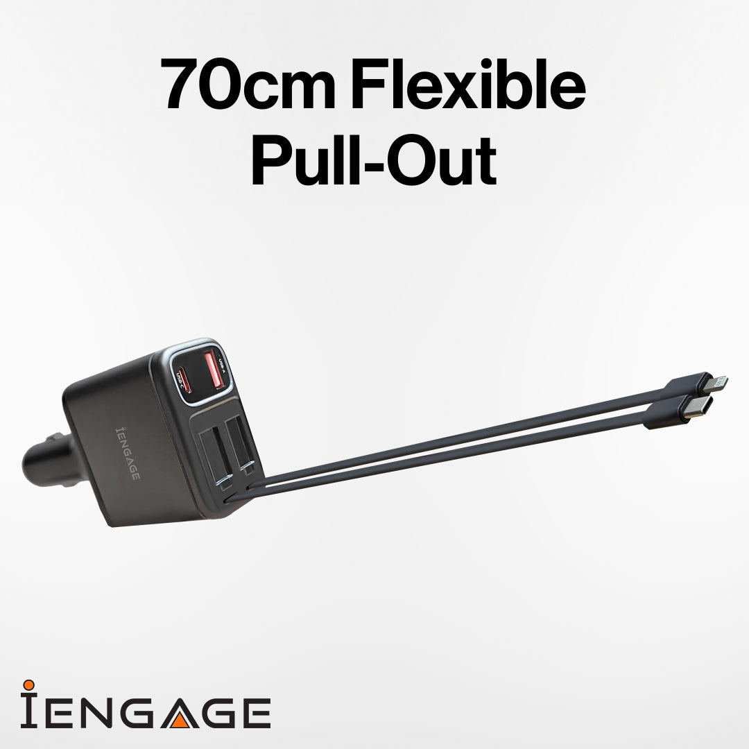iEngage 120W 4In1 Car Charger With Retractable Cables (Usb-C/Lightning) & Usb Ports