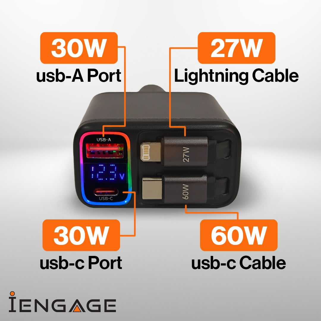 iEngage 120W 4In1 Car Charger With Retractable Cables (Usb-C/Lightning) & Usb Ports