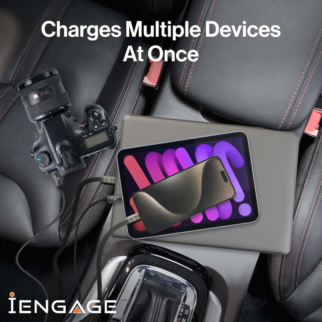 iEngage 120W 4In1 Car Charger With Retractable Cables (Usb-C/Lightning) & Usb Ports