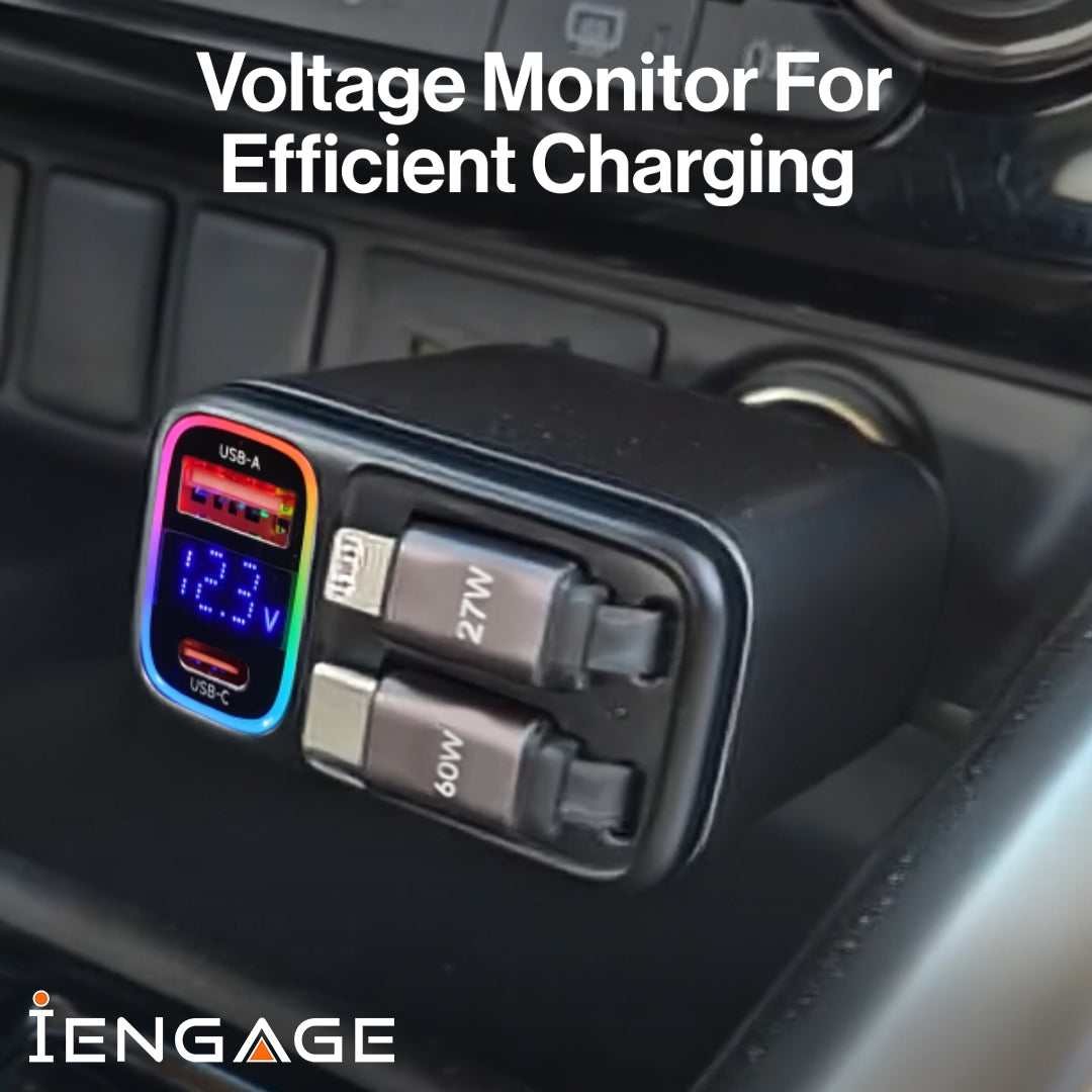 iEngage 120W 4In1 Car Charger With Retractable Cables (Usb-C/Lightning) & Usb Ports