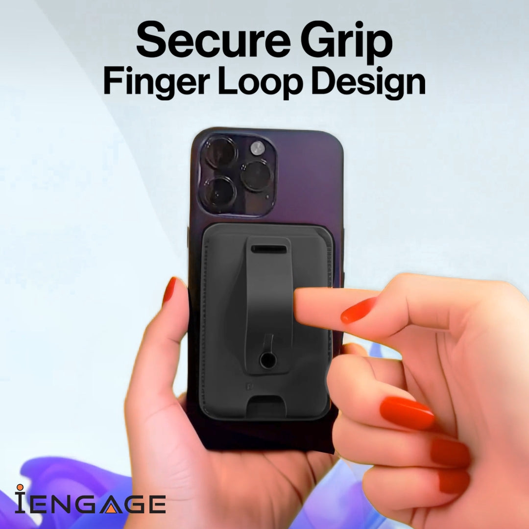 iEngage Magsafe Wallet With Finger Grip Holder (Black)