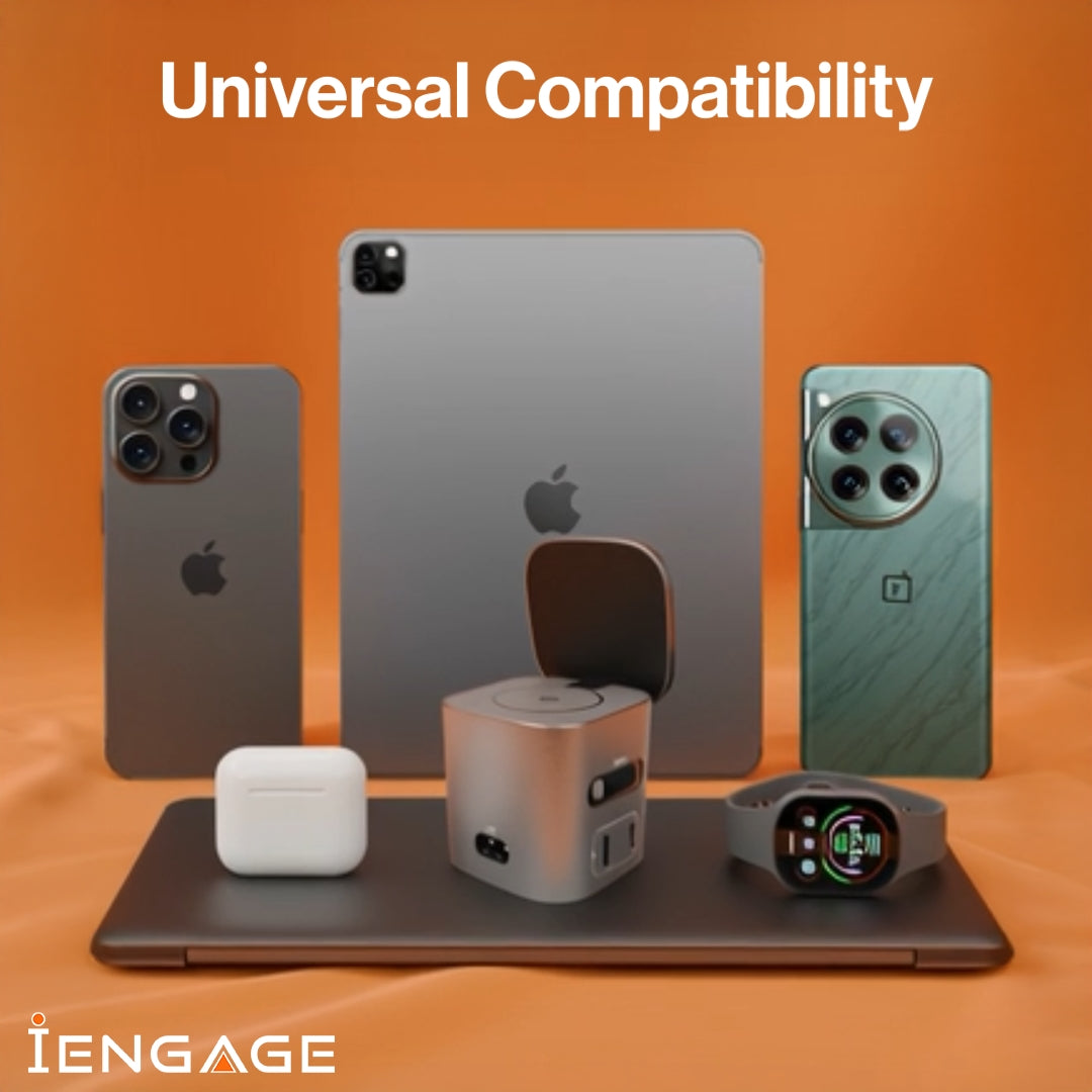 iEngage 6-In-1 Desktop Wireless Charger W/ USB Ports And Retractable cable(80W)