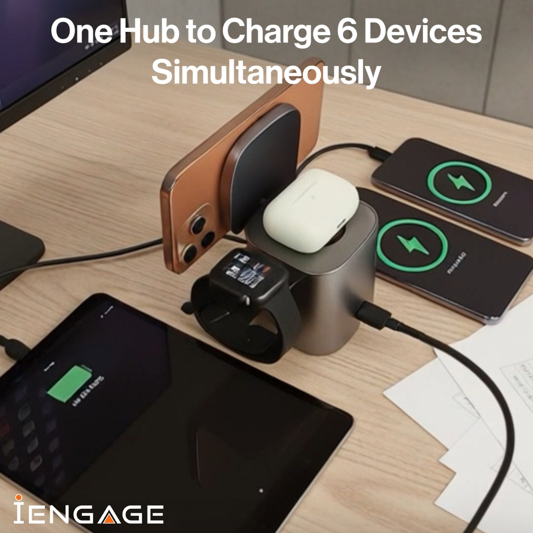 iEngage 6-In-1 Desktop Wireless Charger W/ USB Ports And Retractable cable(80W)