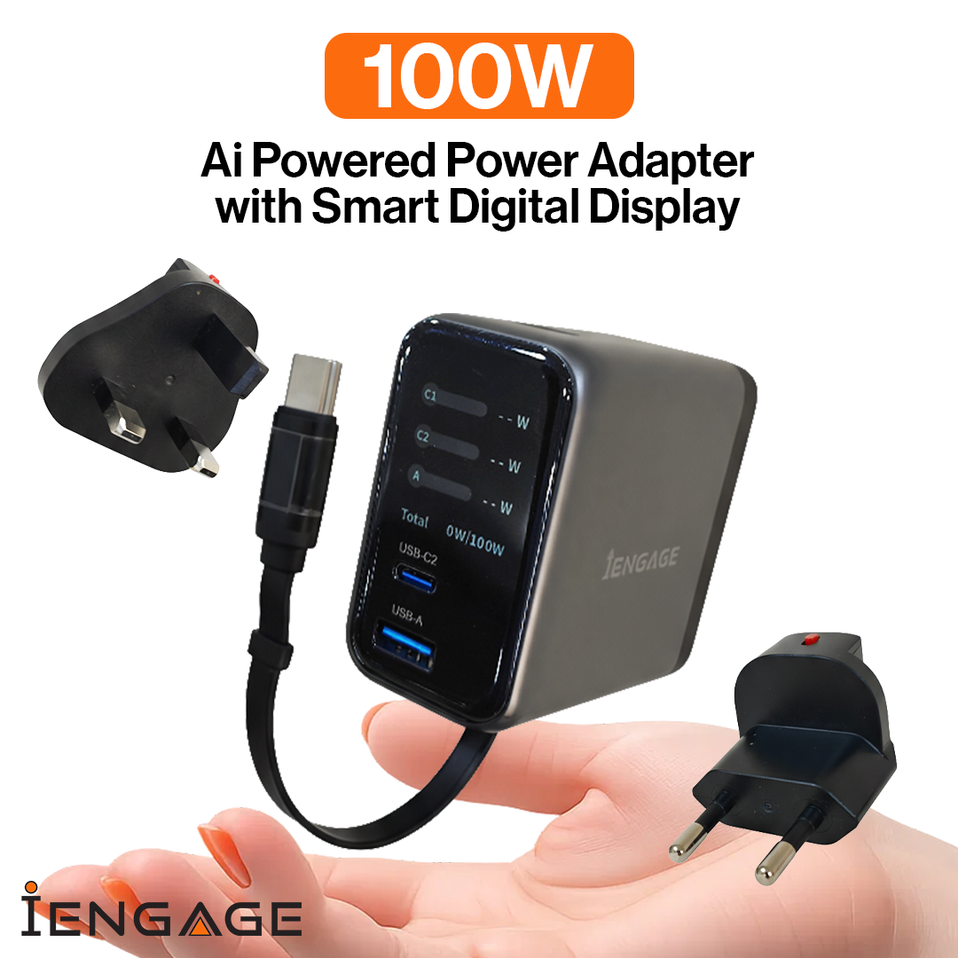 iEngage 100W AI PD Charger( USB-C+USB-C Cable+ USB- A) W/Interchangeable UK/EU Plug