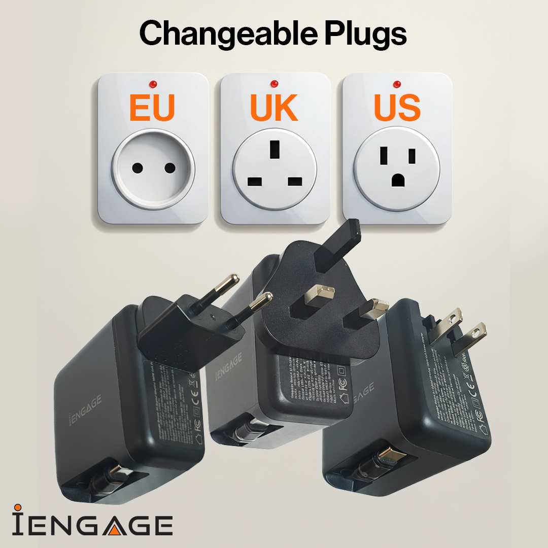 iEngage 100W AI PD Charger( USB-C+USB-C Cable+ USB- A) W/Interchangeable UK/EU Plug