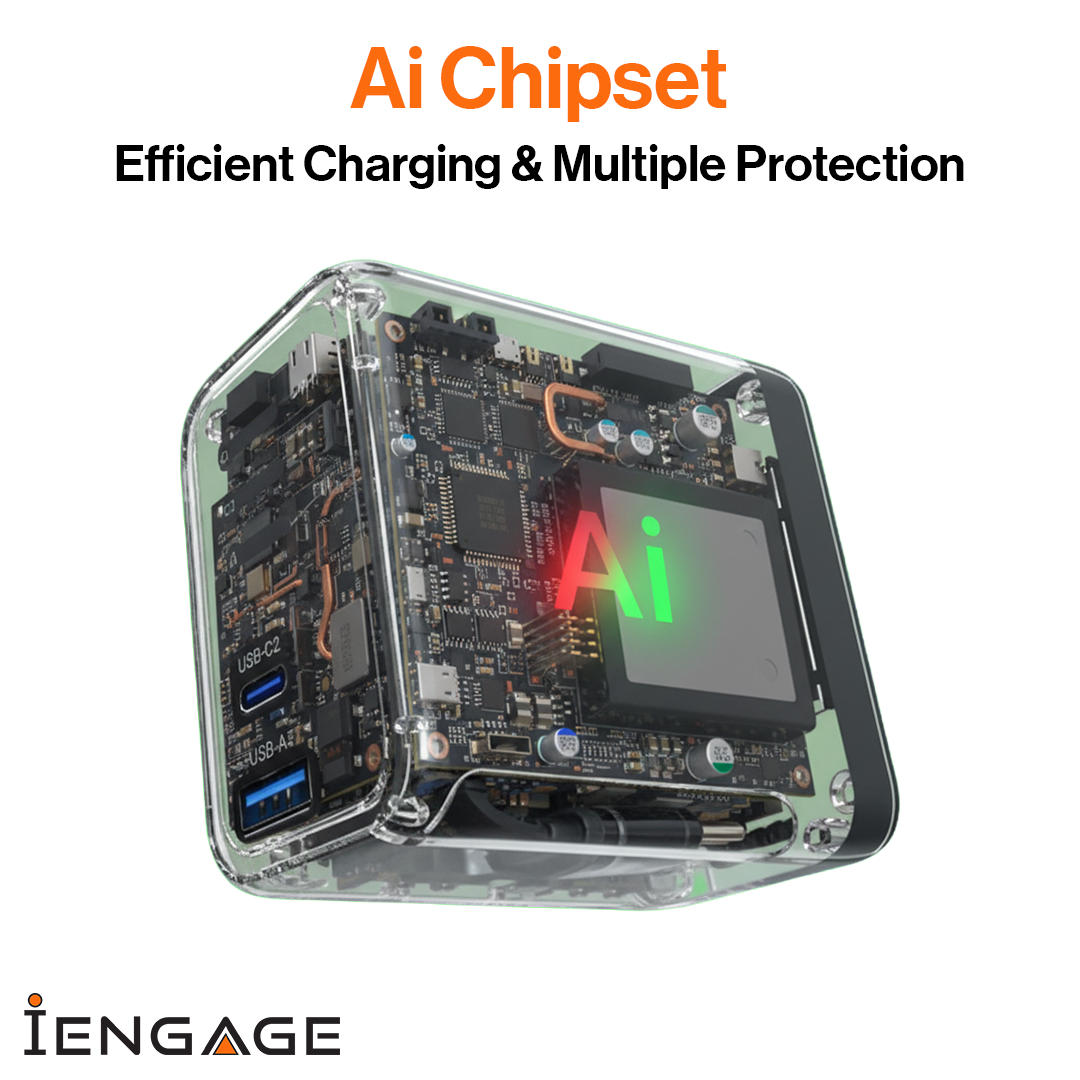 iEngage 100W AI PD Charger( USB-C+USB-C Cable+ USB- A) W/Interchangeable UK/EU Plug